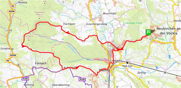 Landkarte Radfahrroute Hochlehen